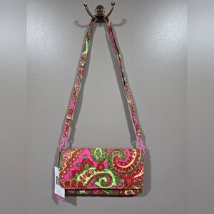 NWT Vera Bradley Pink Paisley Quilted Crossbody with Green Accents